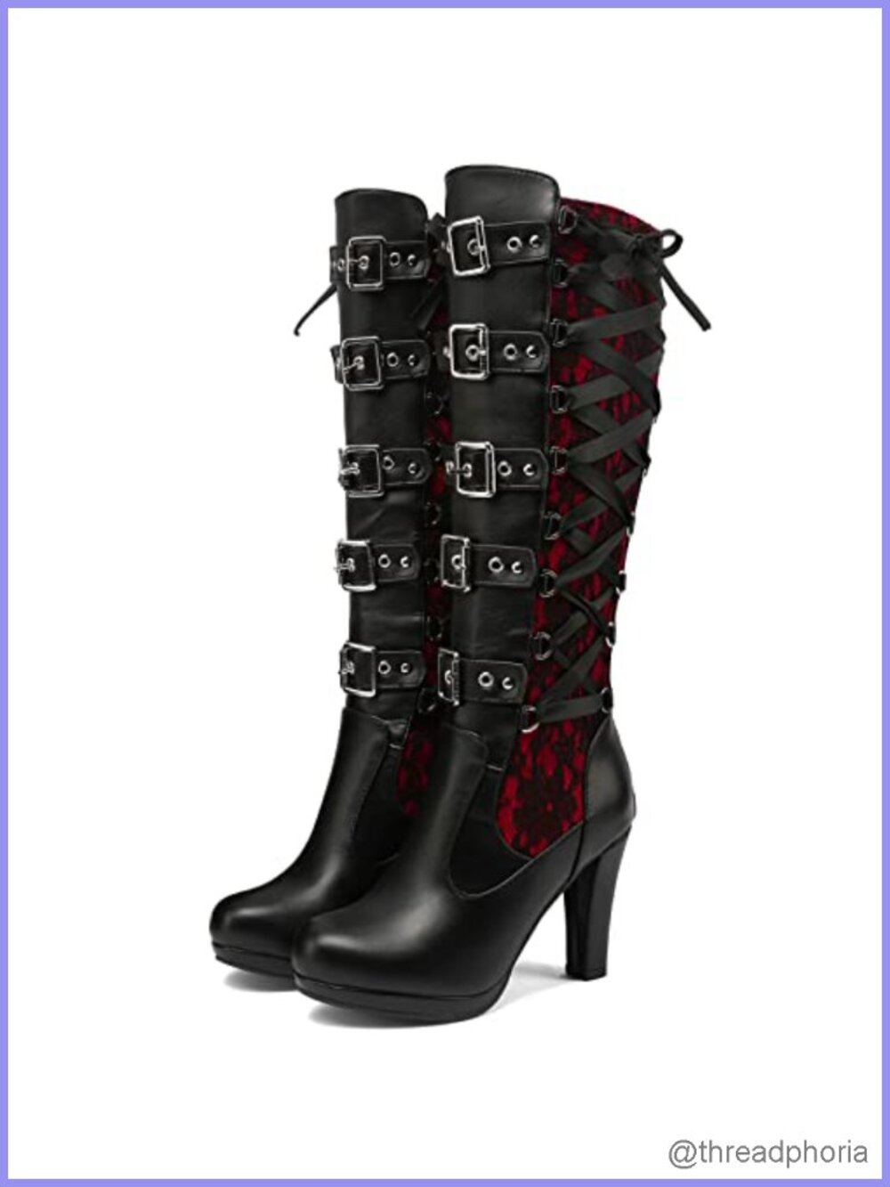 Women Lace Up Knee High Boots Buckle Block Heel Goth Punk Shoes
